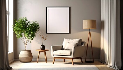Cozy Lounge Nook with Monochrome Print. Blank Framed Poster Mockup