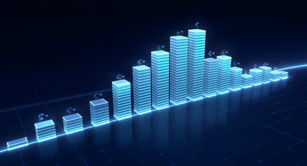 Abstract digital illustration featuring a glowing blue bar graph ascending against a dark background representing financial growth. The data visualization highlights progress and achievement.