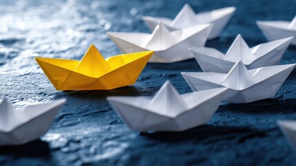 The yellow paper boat leading a fleet of white origami boats.