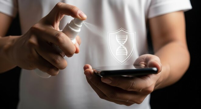 Person spraying sanitizer on a phone with a dna shield graphic overlay for health protection