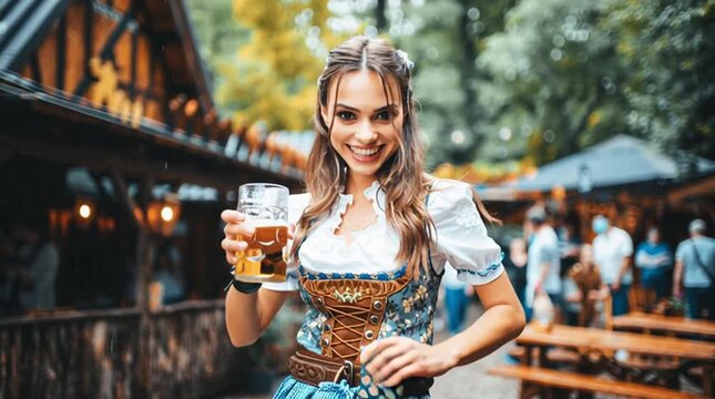 A beautiful beer maiden at Octoberfest; woman in oktoberfest biergarden dances and serves beer. Biermädchen in germany smiling and serving beer - sexy german female waitress.
