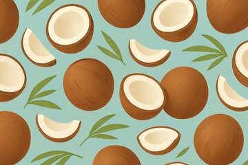 Coconut-inspired surface pattern featuring brown husks, white interiors, and natural green foliage over a summery aqua backdrop for a breezy, tropical mood