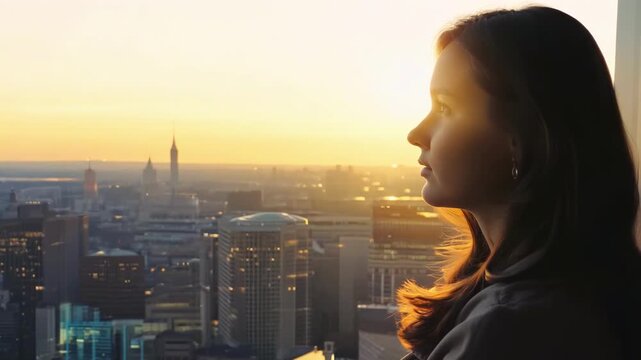 Beautiful woman silhouette stands against stunning golden sunset with urban city skyline creating dramatic contrast and romantic atmosphere with warm lighting and architectural background