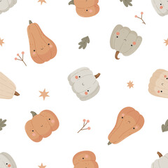 Seamless autumn pattern with cute cartoon pumpkins, leaves, stars, and berries. Warm pastel colors, fall harvest theme.