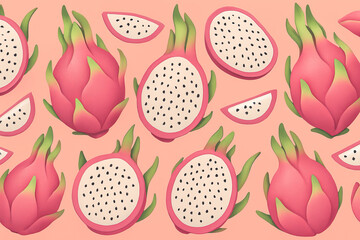 A bold tropical pattern of sliced and whole dragon fruits with vivid pink skin and green-tipped scales on a peach background, radiating freshness and energy