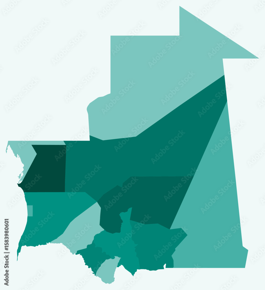 Poster map of mauritania with regions. just a simple country border map with region division. teal color pa