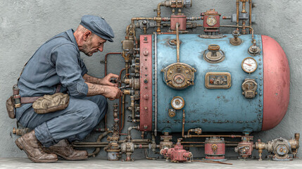 Photorealistic image of a plumber in uniform installing a modern heating boiler, representing home maintenance and repair