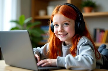 Little schoolgirl smiling, studying online, white caucasian european girl wearing headphones using laptop. Online education at home for children concept