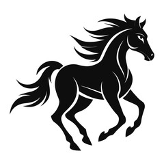 An elegant black horse runs with freedom wild spirit and power across an open plane with bold high