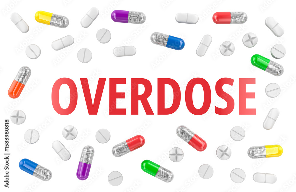Poster overdose concept with scattered pills and capsules. 3d rendering isolated on transparent background
