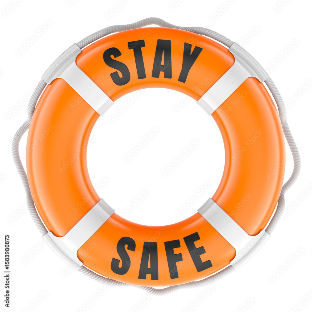 Poster stay safe. yellow lifebuoy with text. 3d rendering isolated on transparent background