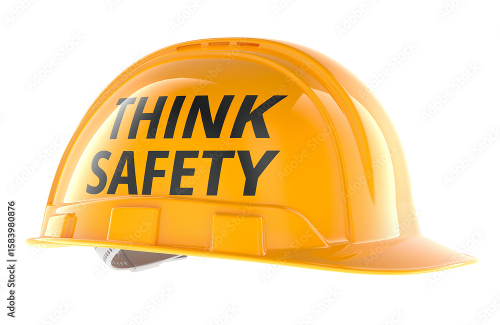 Poster think safety. orange hard hat with text. 3d rendering isolated on transparent background