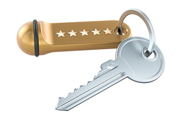 Key with five star hotel tag. 3D rendering isolated on transparent background