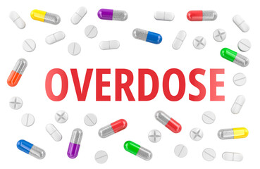 Overdose concept with scattered pills and capsules. 3D rendering isolated on transparent background