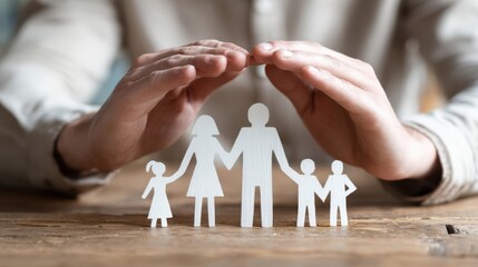 The family figures protected by hands conveying love and safety.