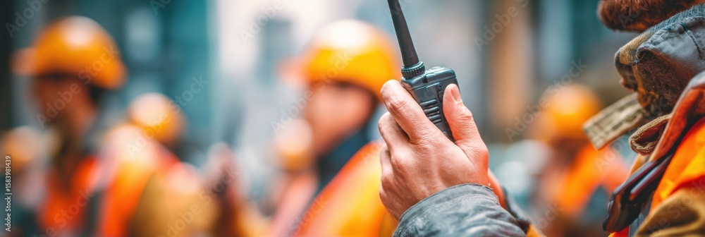Poster man holding walkie-talkie communicates during teamwork execution in construction site environment wi