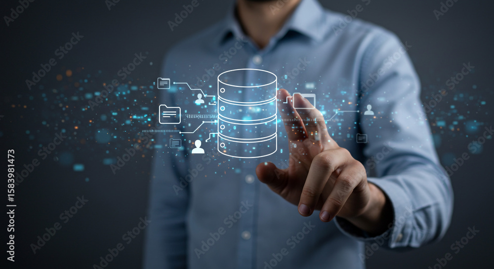 Poster man in blue shirt interacts with digital database interface with floating icons and connections