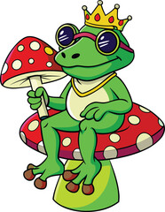 A cool cartoon frog wearing sunglasses and a crown sits on a mushroom