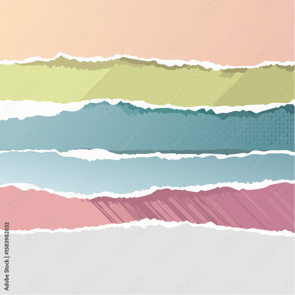 Poster abstract background with layered, torn paper strips in pastel colors, creating a textured and visual