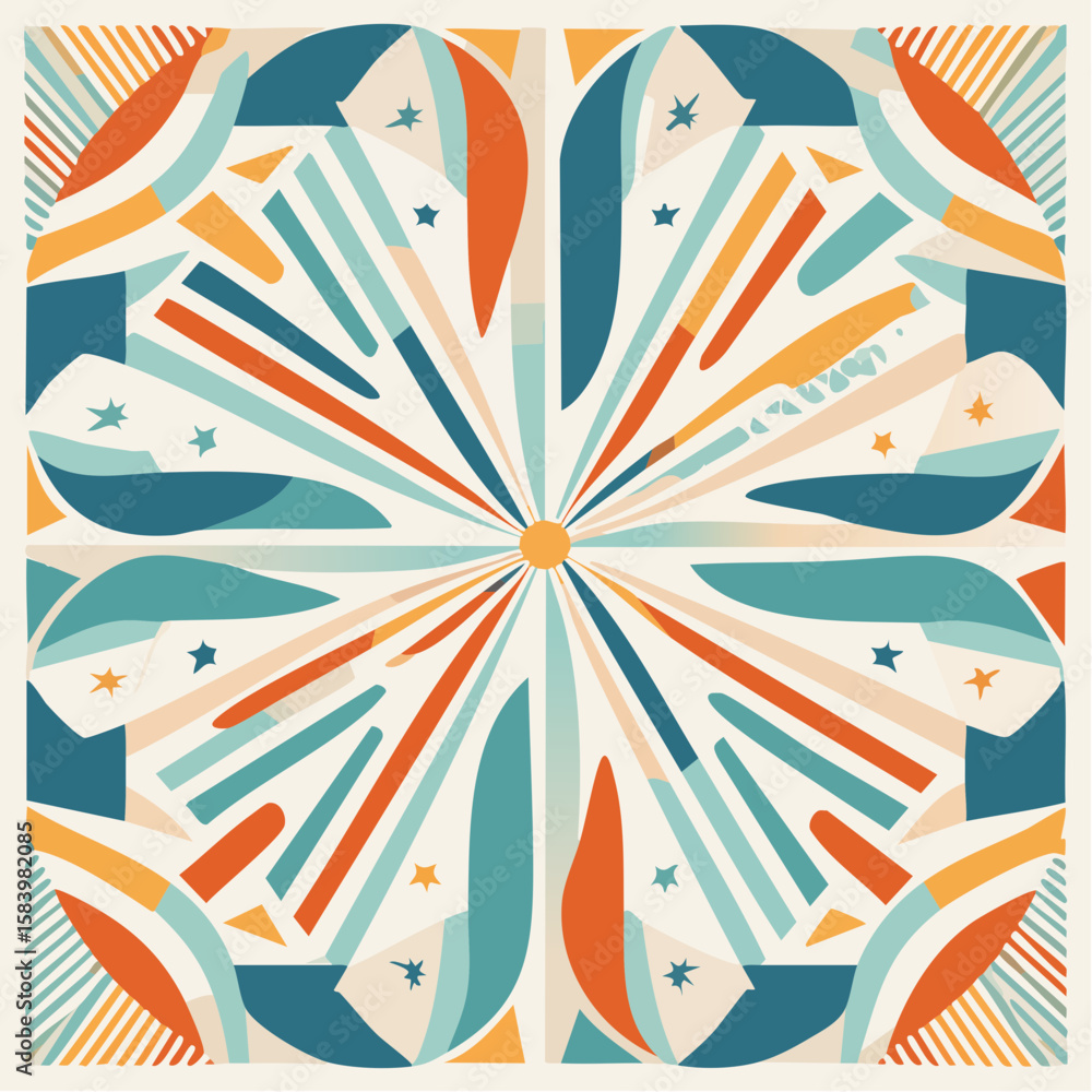 Poster abstract geometric design with radiating lines and pastel colors, creating a symmetrical, sunburst-l
