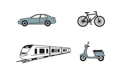Fototapeta premium Illustration showing a car, bicycle, train and scooter representing different transport modes
