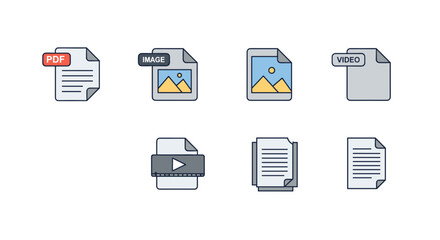 Illustration of seven file icons representing different document and media file types