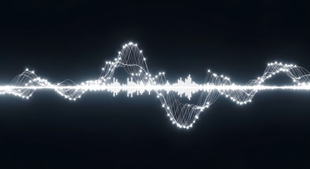 Abstract visualization of sound waves rendered in glowing white particles against a dark background showcasing a dynamic waveform.