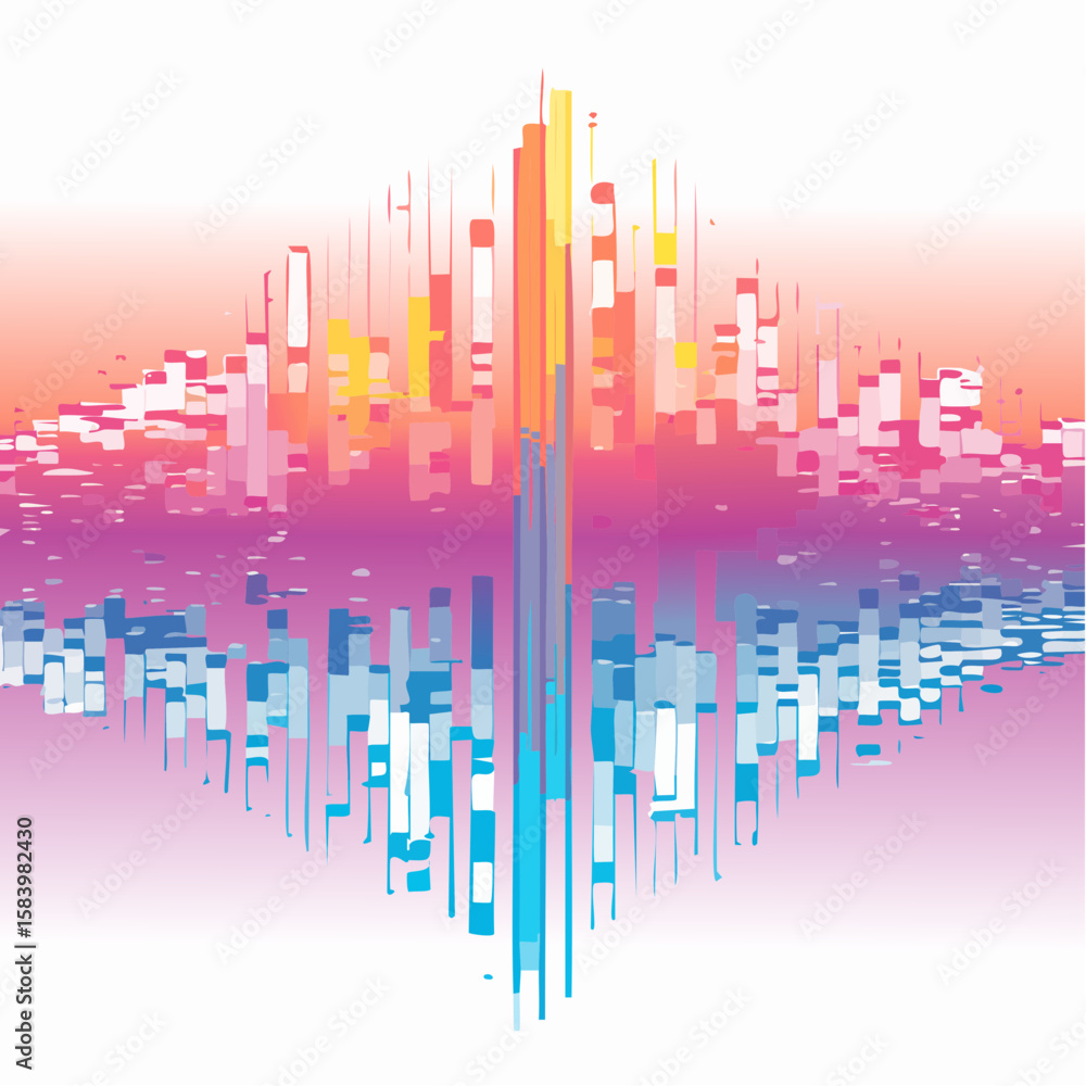 Poster abstract geometric design featuring vertical bars in gradient colors, mirrored vertically, creating 
