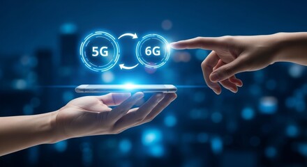 Hands holding phone with 5g and 6g technology symbols with arrows on a blue bokeh background