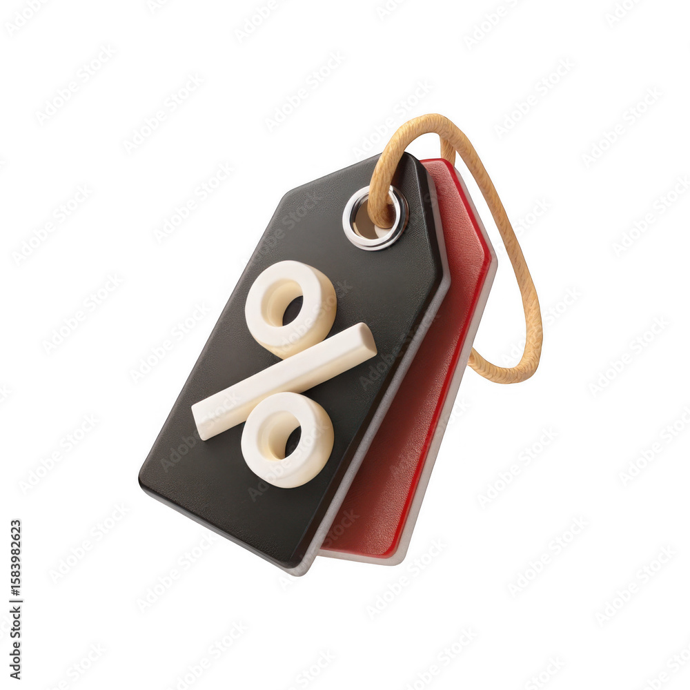 Fototapete 3d rendering of a black price tag with a white percentage symbol and red accent