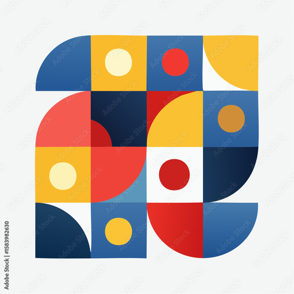 Poster abstract geometric design with vibrant colors and shapes arranged in a repeating pattern.