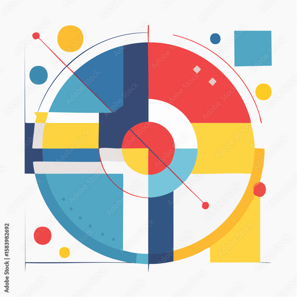 Aufkleber abstract geometric composition featuring circular and rectangular shapes with vibrant colors.