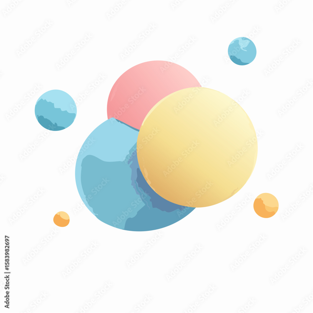 Poster abstract composition of overlapping pastel-colored circles and spheres floating on a white backgroun