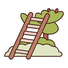 Wooden ladder leaning against a stylized tree in a grassy area