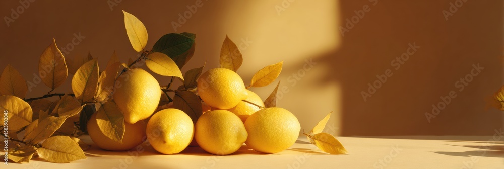 Poster lemons and golden leaves bathed in warm light create a serene and inviting atmosphere in a minimalis