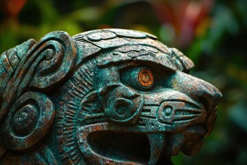 A weathered, greenish-blue jaguar statue head with intricate carvings and a striking golden eye against a blurred background.