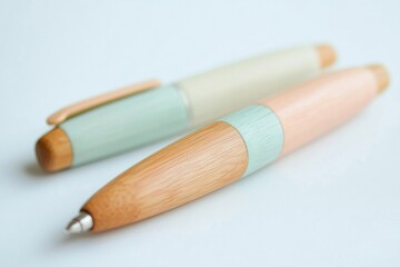 Two stylish pastel-colored pens rest on a plain white surface, showcasing their elegant design and minimalist aesthetic.