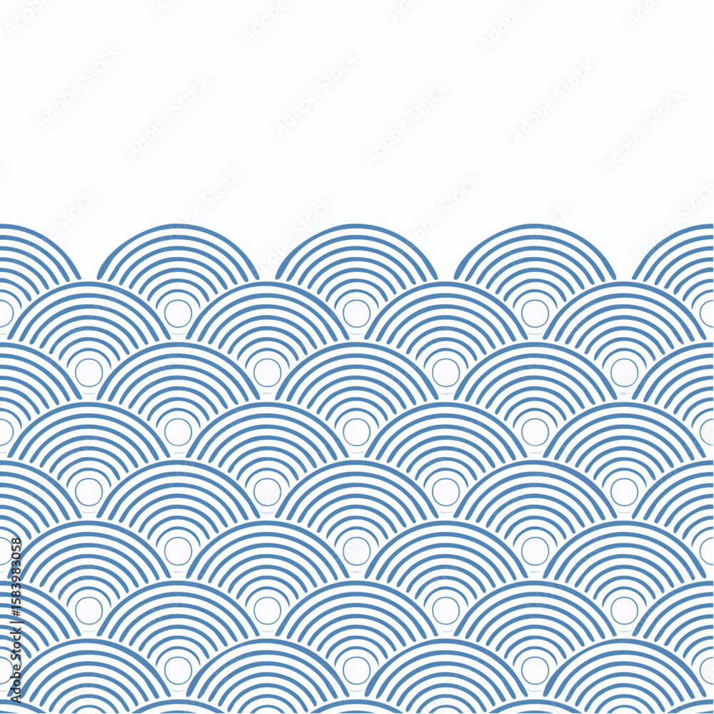 Poster a repeating pattern of blue concentric semi-circles resembling ocean waves against a white backgroun