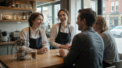 Group of four people, two smiling, sit around wooden table in cozy cafe. Cups and plate of food adorn table. Window in background creates warm inviting atmosphere.