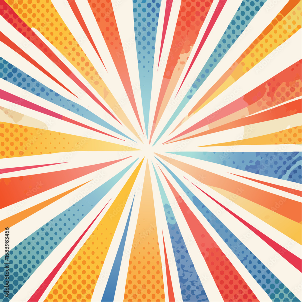 Poster abstract radial burst design with vibrant colors and halftone patterns emanating from a central poin