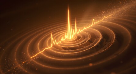 Fototapeta premium Abstract 3D illustration of energy waves radiating outwards in a circular pattern emanating from a central peak in warm golden light. Suggests data visualization.