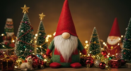 A festive gnome figure stands amidst Christmas trees and twinkling lights.