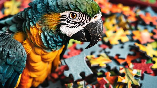 Vibrant Parrot and Puzzle Pieces: A strikingly beautiful parrot with a medley of colors surveys a scattered collection of jigsaw puzzle pieces, blending nature's splendor with a playful visual