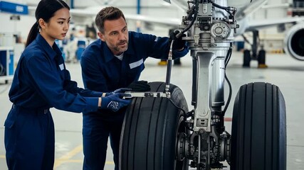 Two aircraft maintenance technicians are inspecting the landing gear of a commercial airliner inside an aircraft hangar, ensuring its proper functioning and safety