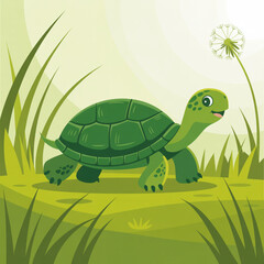 Green Turtle Walking on Grass - Flat Color Friendly Cartoon Vector Illustration