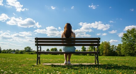 Young woman sits alone on a park bench, contemplating a sunny day.