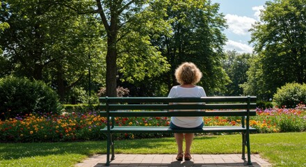 A woman sits alone on a park bench, surrounded by lush greenery and colorful flowers, enjoying the peaceful outdoors.