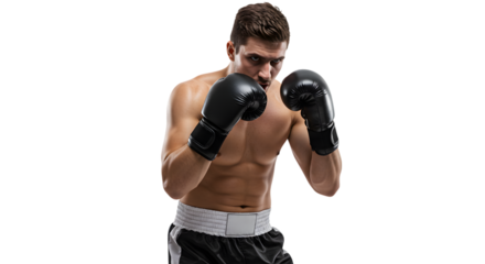 A Male Boxer in a Defensive Fighting Stance with an Intense and Focused Gaze on isolated transparent background.