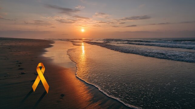 Sunrise Over a Serene Beach With Skin Cancer Awareness Ribbon Symbolizing Hope and Prevention