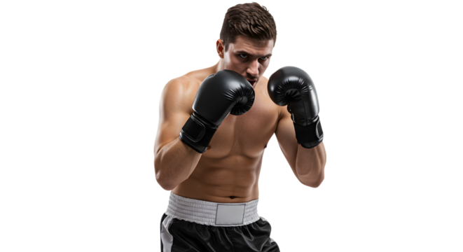 A Male Boxer in a Defensive Fighting Stance with an Intense and Focused Gaze on isolated transparent background.